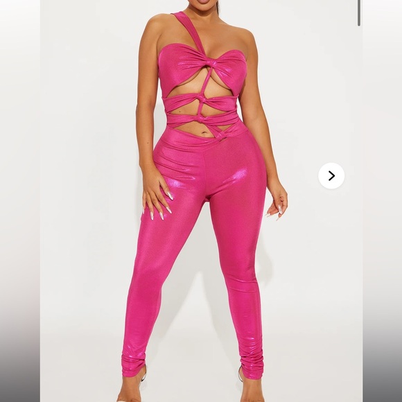 Fashion Nova Pants - Fashion Nova Pink Metallic Cutout Jumpsuit
